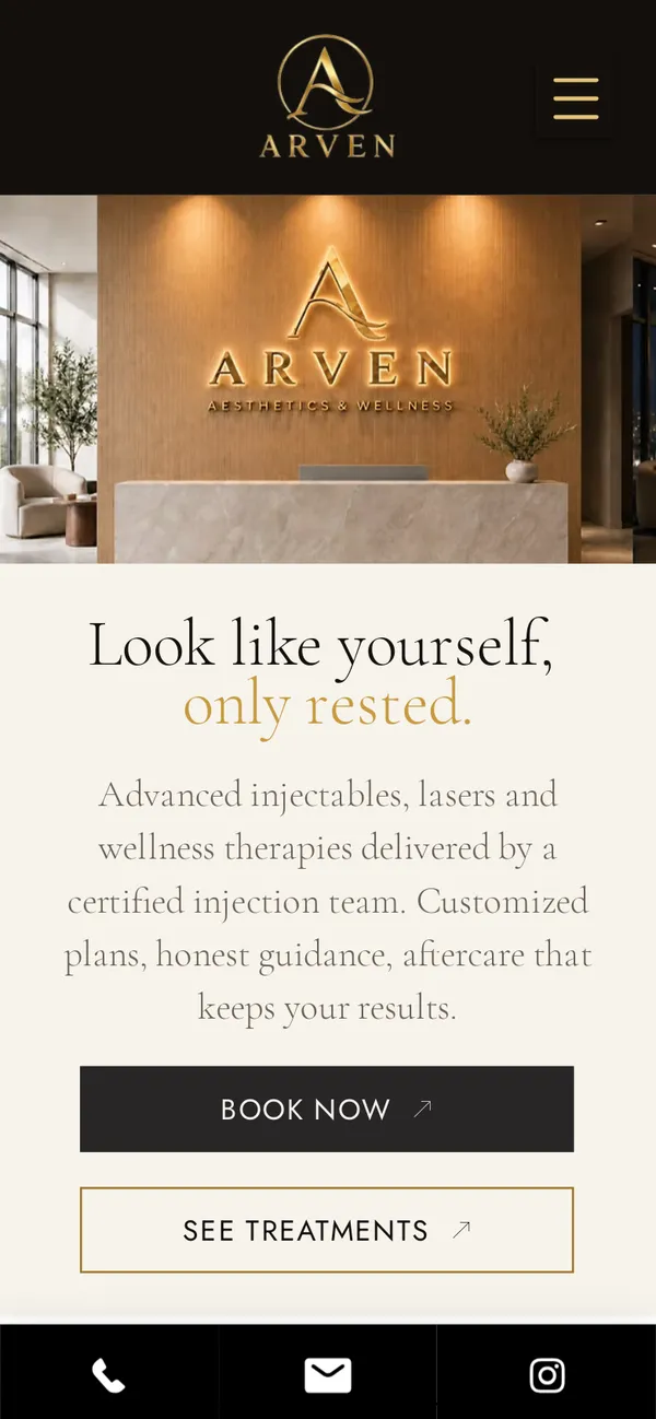 ARVEN Aesthetics & Wellness homepage on a phone