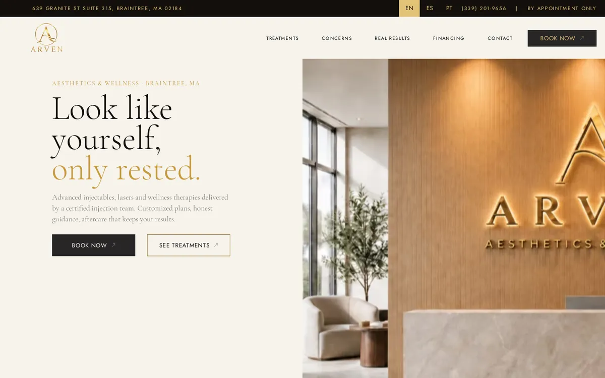 ARVEN Aesthetics & Wellness homepage on a desktop screen