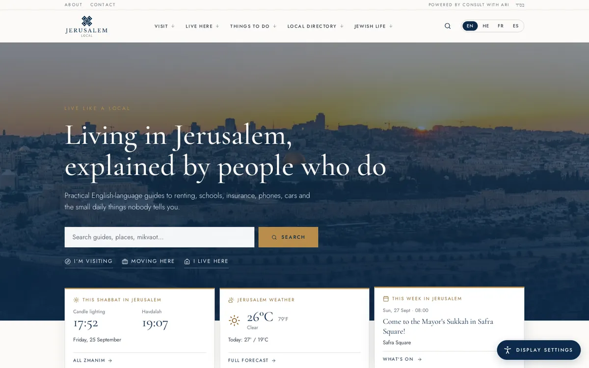 Jerusalem Local homepage, an English guide to living in Jerusalem on a desktop screen